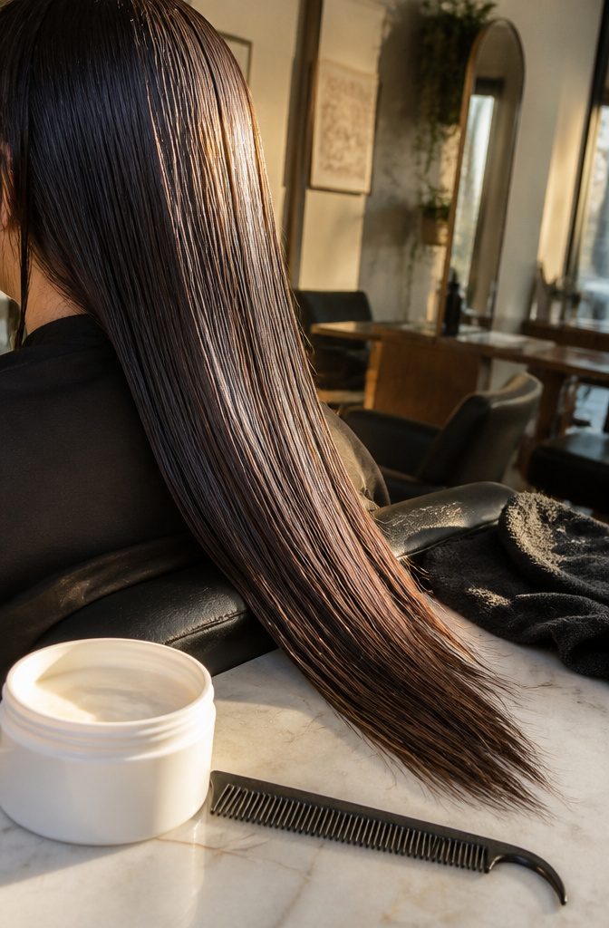 Hair strands coated with a protein treatment