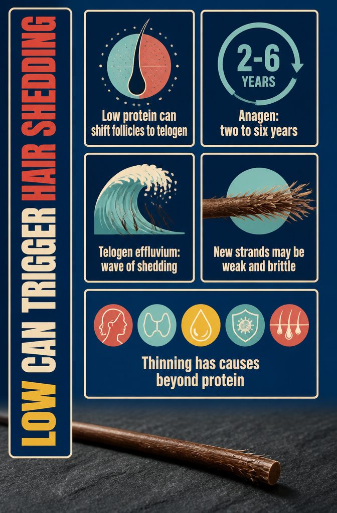 Beauty infographic titled Low Protein Can Trigger Hair Shedding