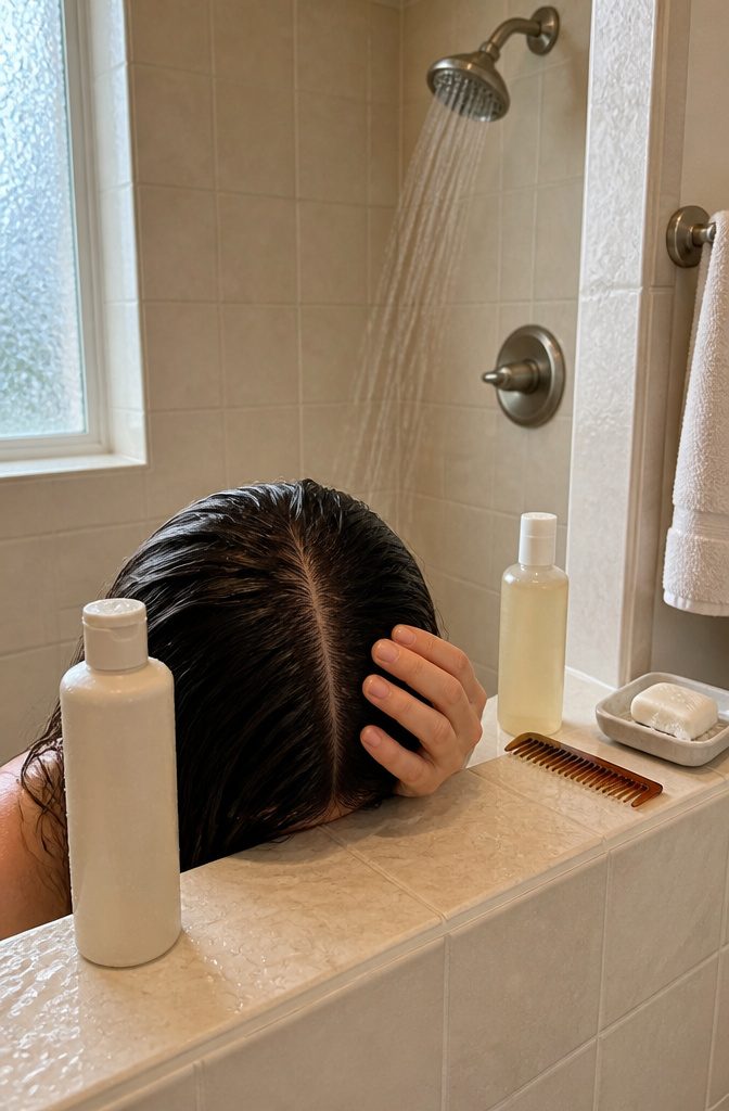 Damp parted hair and clean scalp beside shampoo bottles and comb