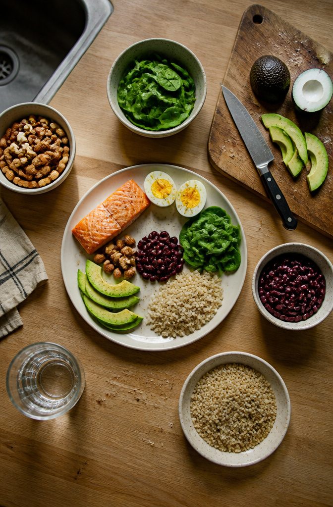 Eggs salmon beans and leafy greens arranged as a varied meal