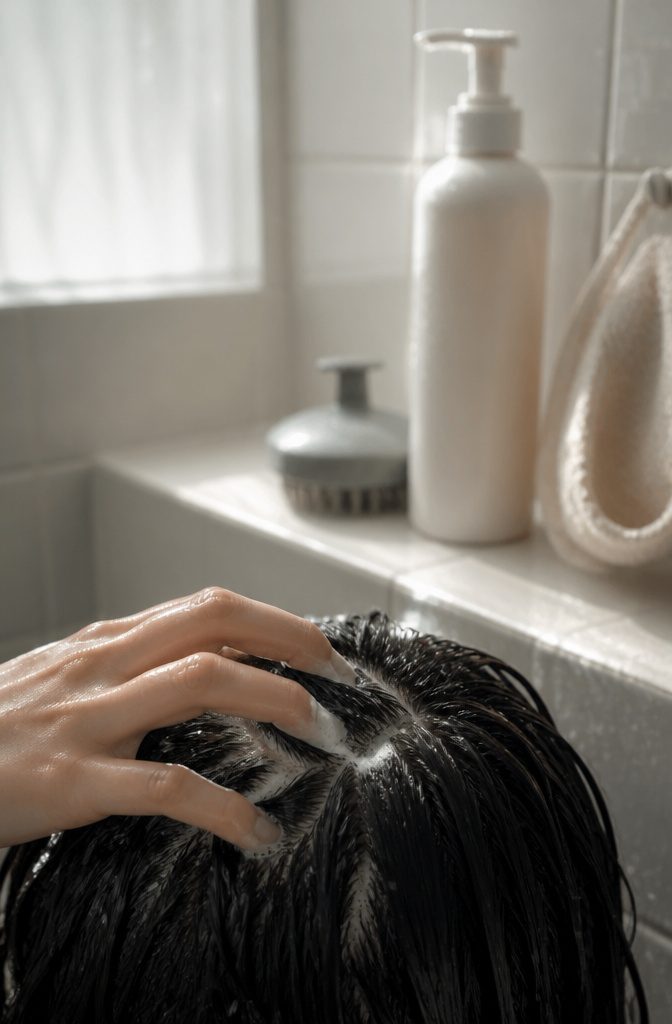 Fingers massaging a scalp with hair parted between them