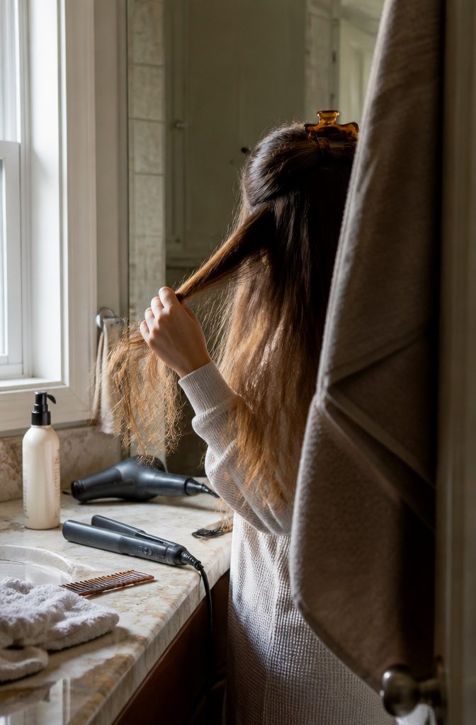 Flat iron beside a lock of hair on a styling surface