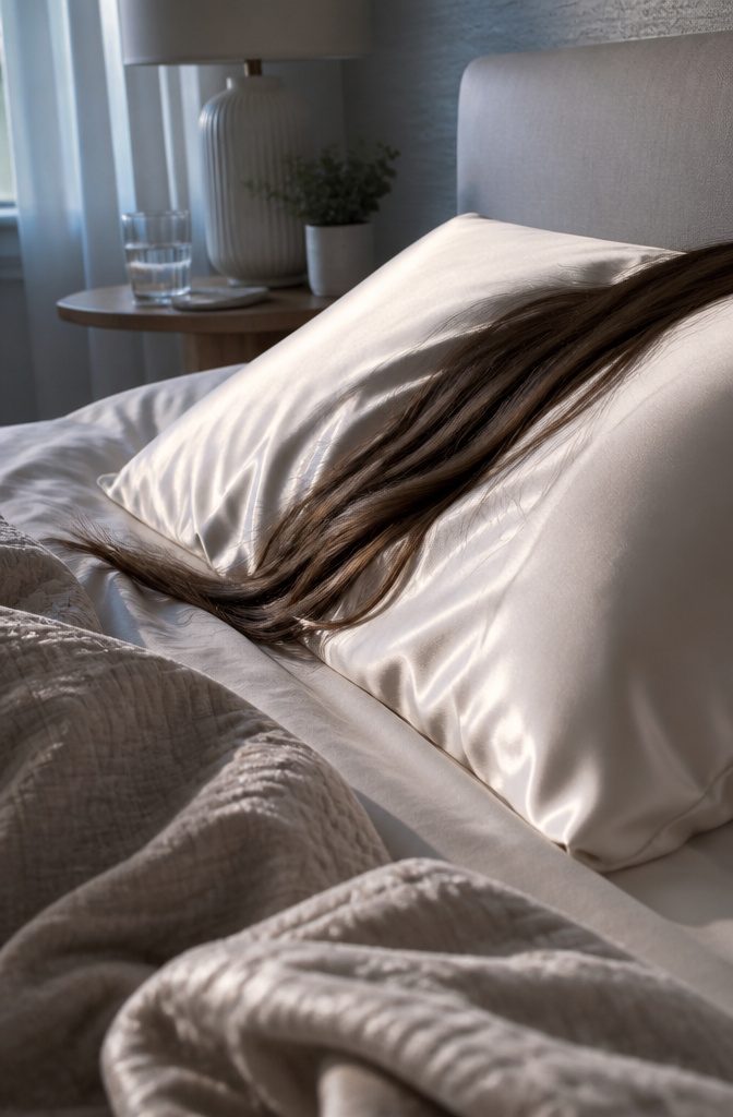 Long hair spread loosely across a satin pillowcase beside rumpled bedding