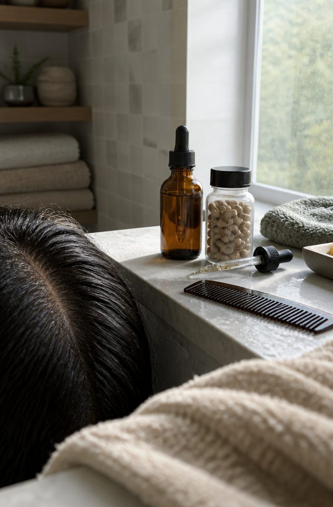 Unmarked serum bottle tablets dropper and comb beside parted scalp