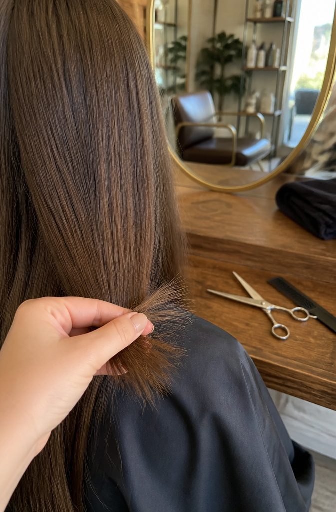 Open haircutting shears beside long hair with frayed tips