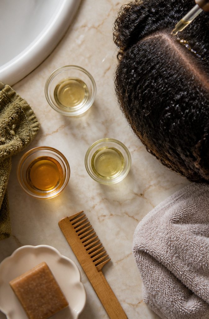 Hair oil bottles arranged for scalp and hair care