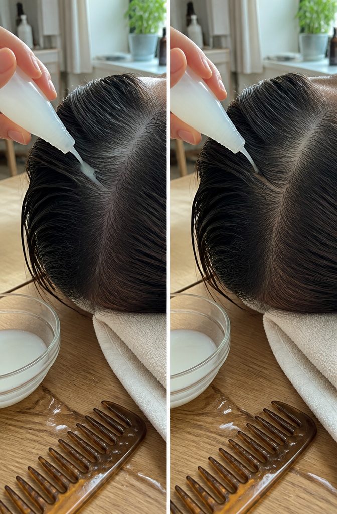 Hair parted into sections for applying rice water to the scalp
