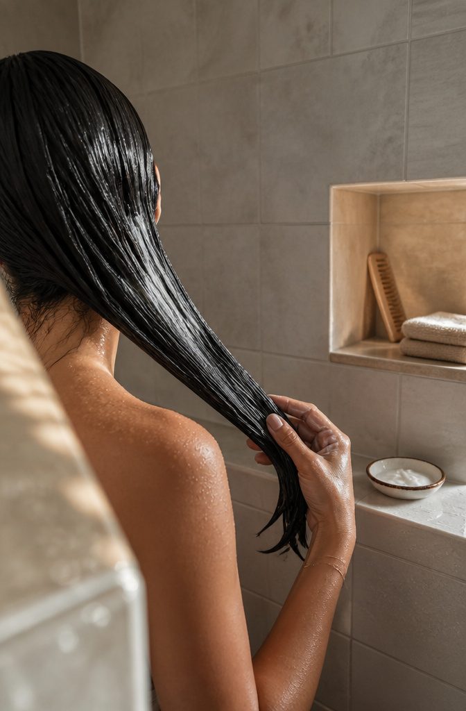 Damp hair section coated with conditioner below the roots