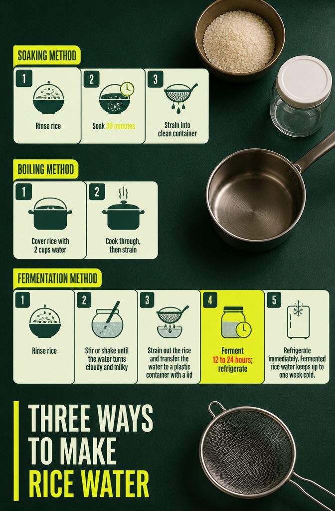 Beauty information graphic comparing rice water preparation methods