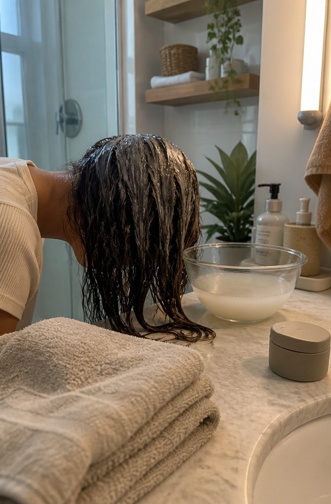 Wet hair in loose sections beside a plain glass bowl and timer