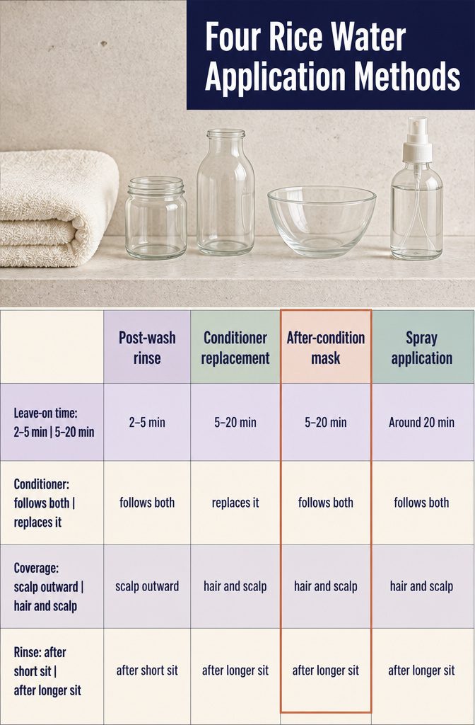 Beauty information graphic showing four ways to apply rice water
