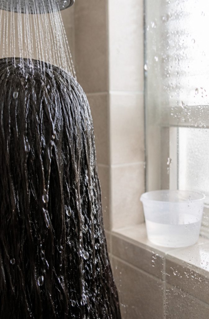 Hair rinsed under clean water to remove rice water residue