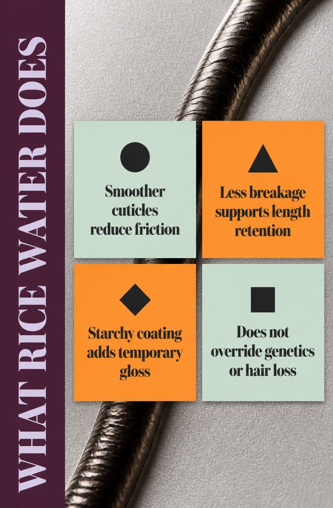 Beauty information graphic about the effects of rice water on hair