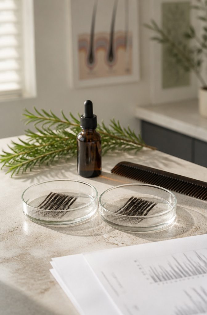 Rosemary oil bottle beside fresh rosemary sprigs for a hair care article