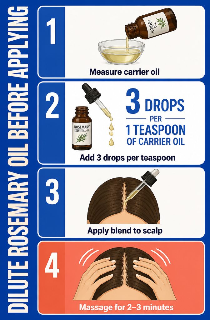 Beauty graphic explaining rosemary oil dilution before scalp application