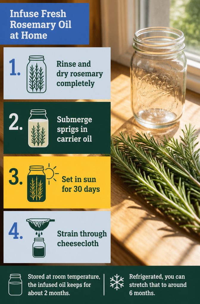 Beauty information graphic showing fresh rosemary infused in carrier oil