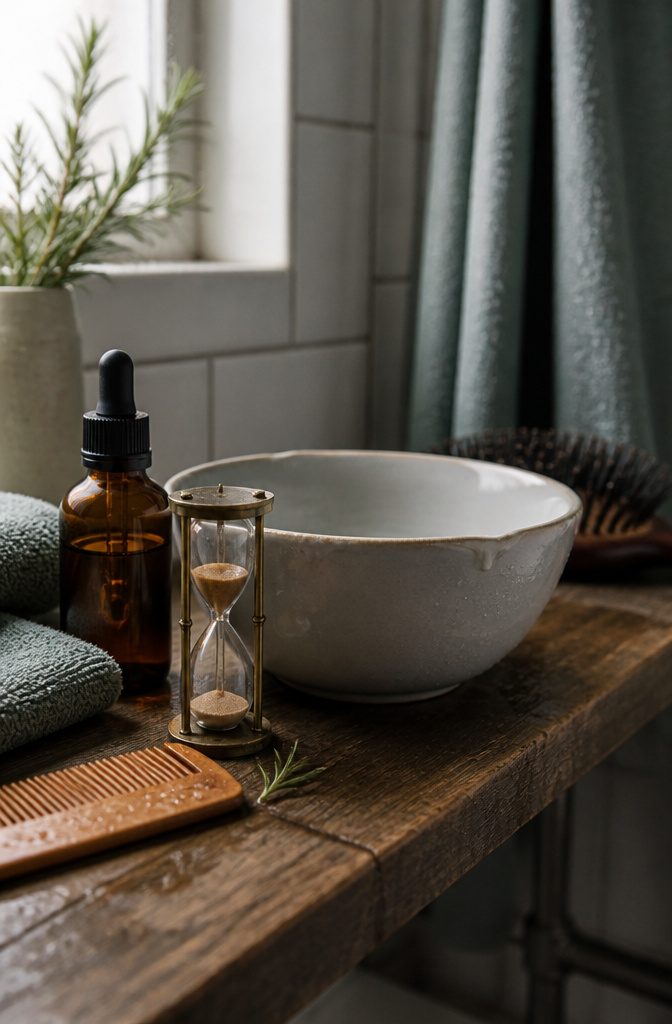 Glass timer beside a dropper bottle and ceramic bowl with oil drops
