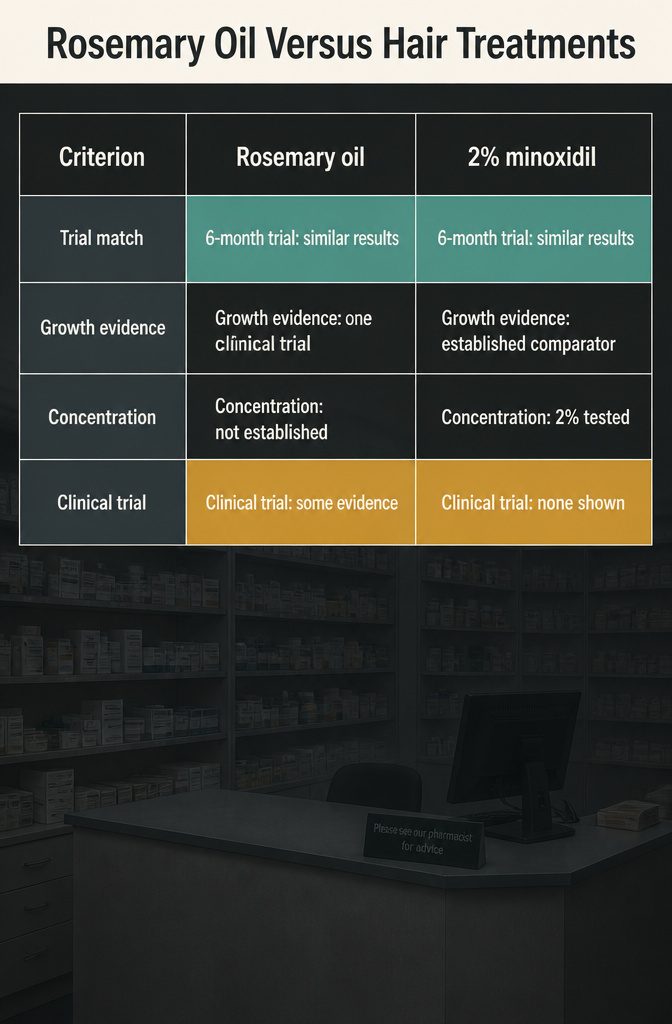 Beauty information graphic comparing rosemary oil with hair treatments