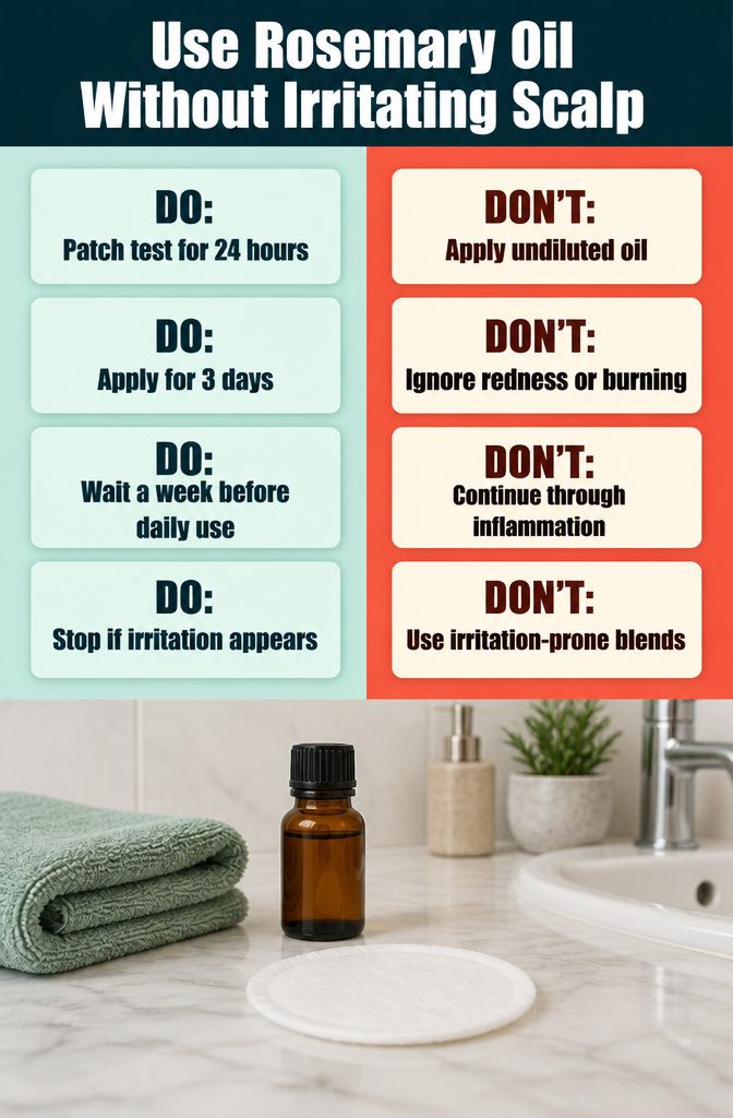 Beauty information graphic about avoiding scalp irritation with rosemary oil