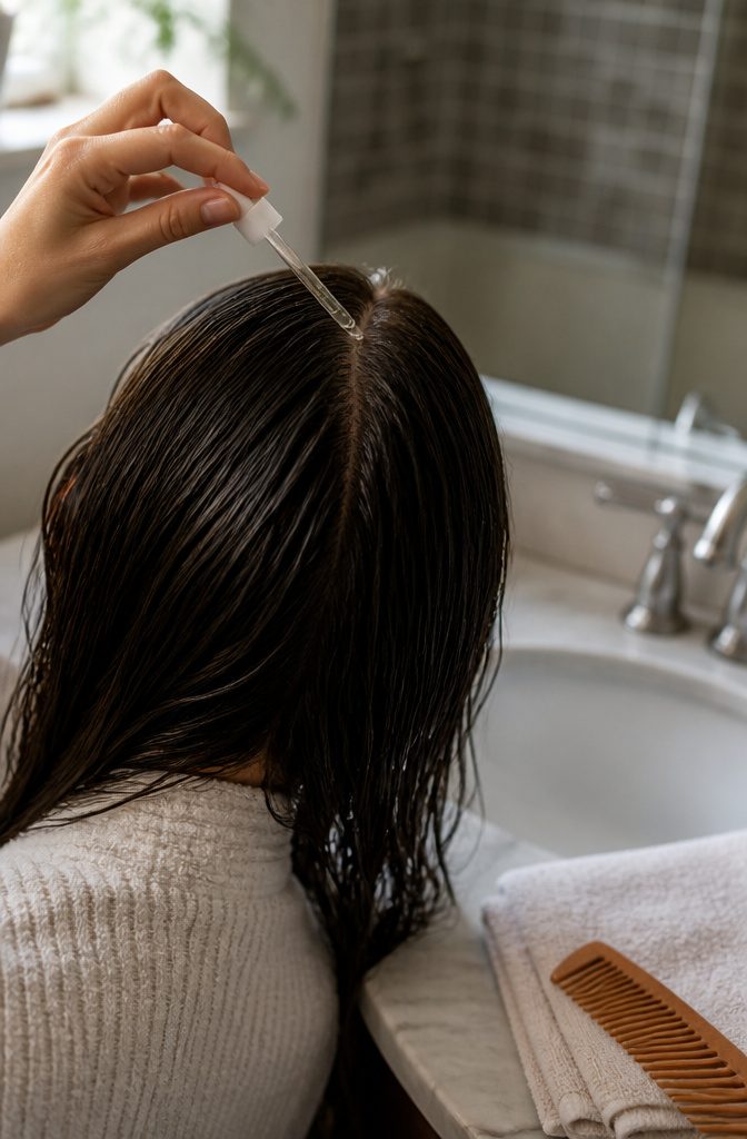 Hand applying diluted rosemary oil along a part in damp dark hair