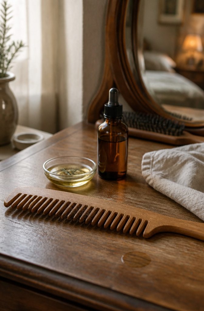 Wooden comb with loose hair beside rosemary oil and a glass dish of carrier oil