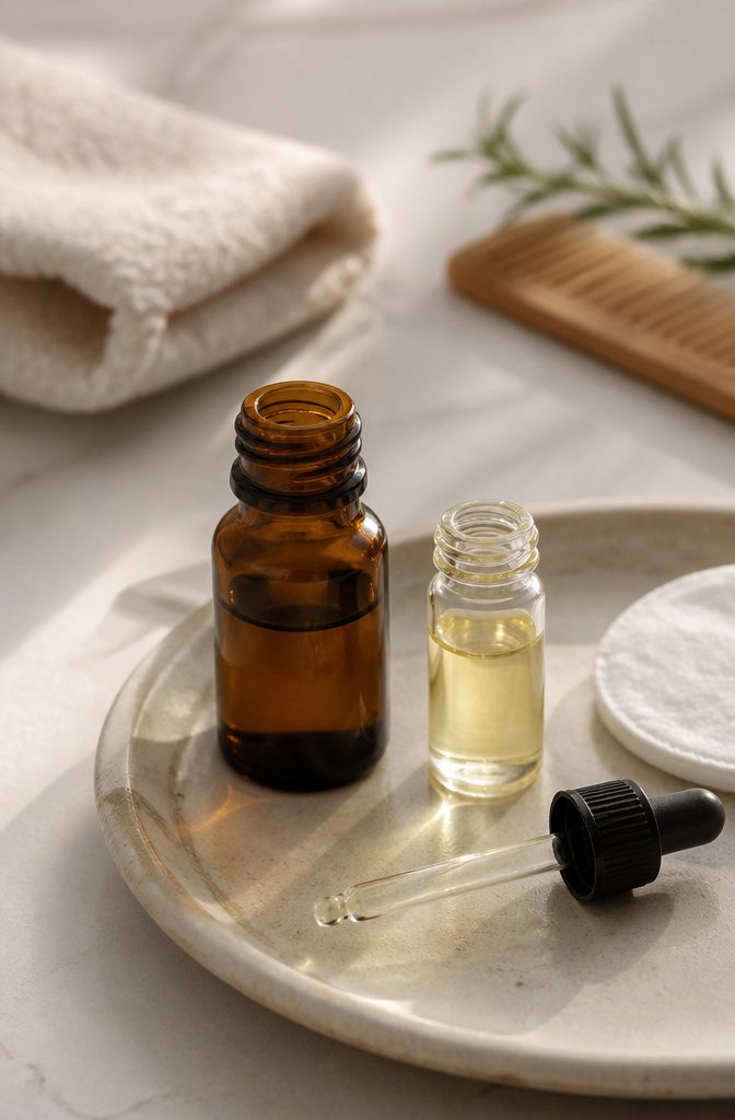 Rosemary oil product bottle beside hair care items on a counter