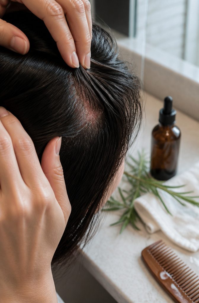 Parted dark hair showing mild scalp redness and flaking beside a dropper bottle