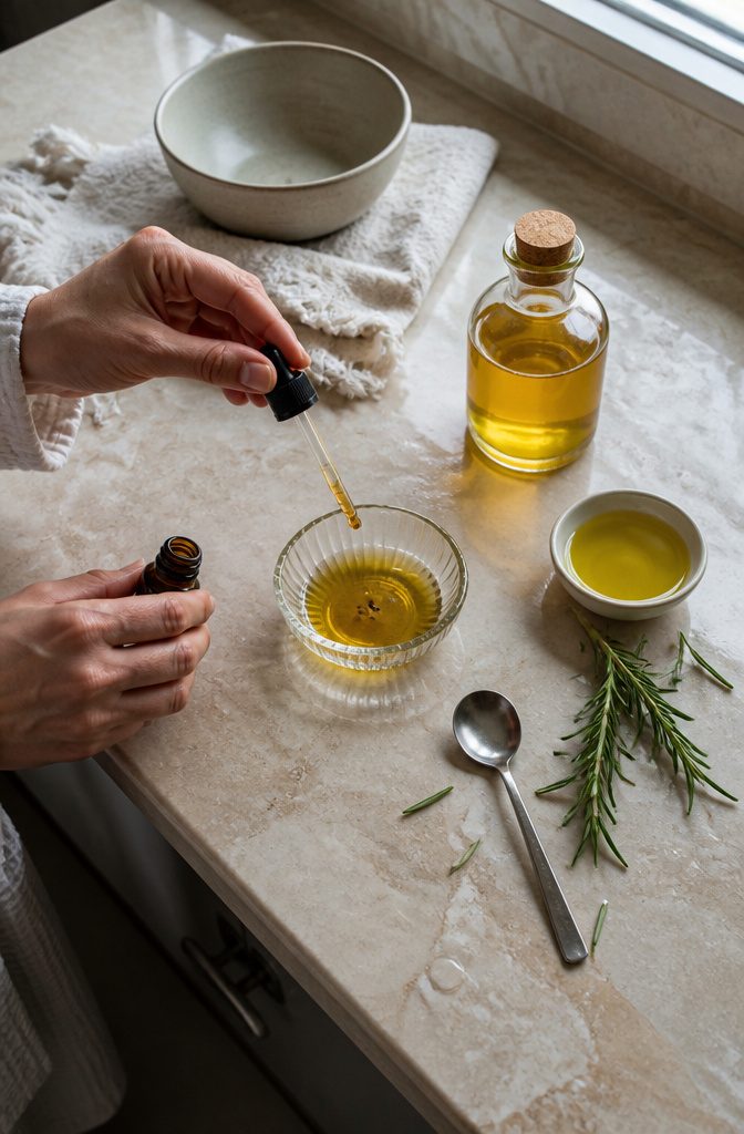 Glass dropper adding dark rosemary oil drops to golden jojoba oil