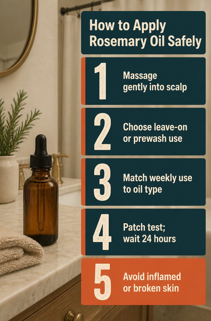 Beauty infographic with guidance for applying rosemary oil to the scalp