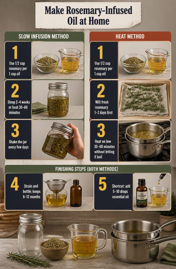 Beauty infographic with steps for making rosemary-infused oil at home