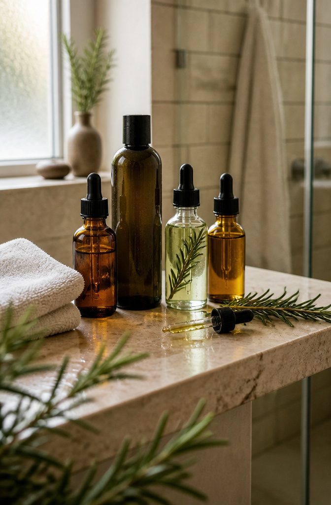 Rosemary pre-wash oil shampoo and scalp oils on a bathroom shelf
