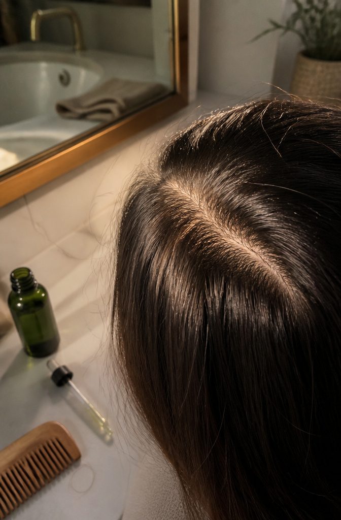 Close view of fine baby hairs along a natural hair part