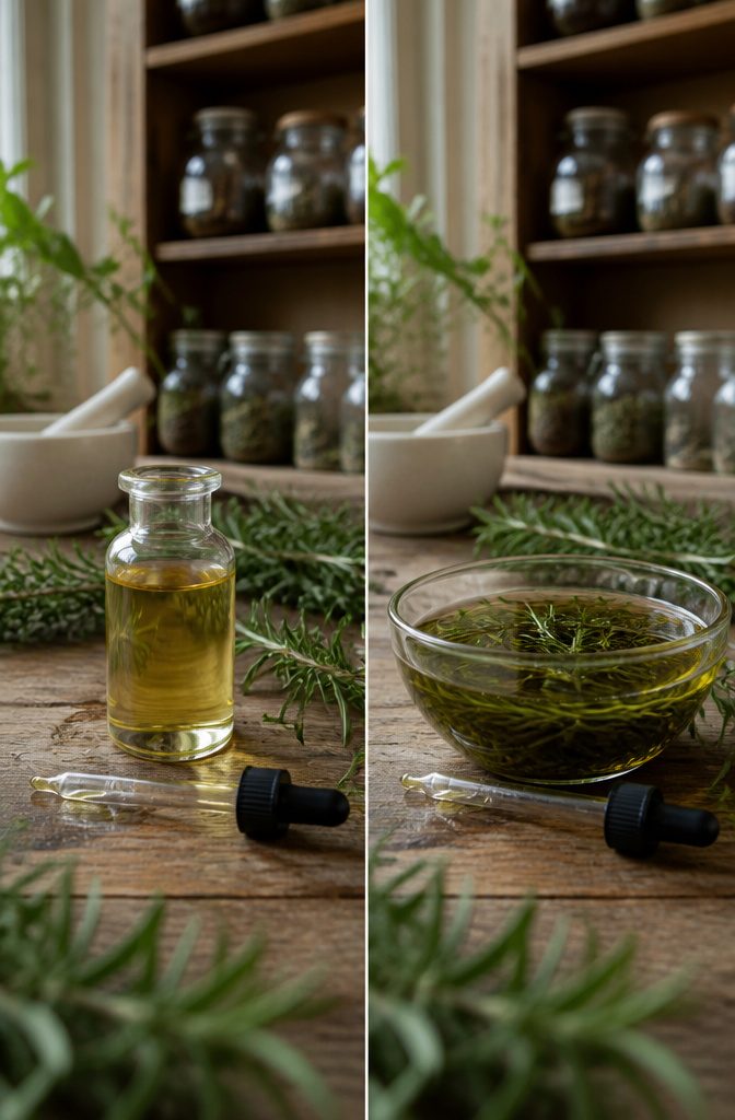 Rosemary leaves beside a small bottle of oil