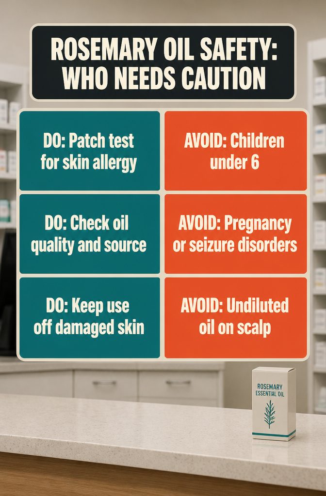Beauty infographic about rosemary oil safety and scalp precautions