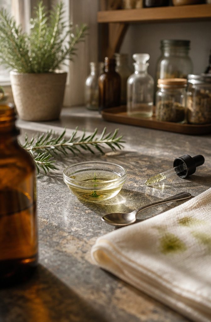 Glass dish of jojoba oil with a drop of rosemary oil, teaspoon and dark glass dropper