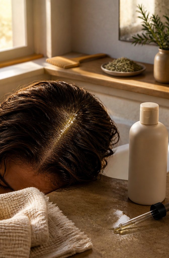 Parted scalp with wet rosemary oil, loose strands, glass dropper, shampoo bottle and folded towel