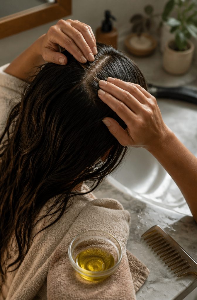 Fingertips massaging rosemary oil into the scalp between sections of hair