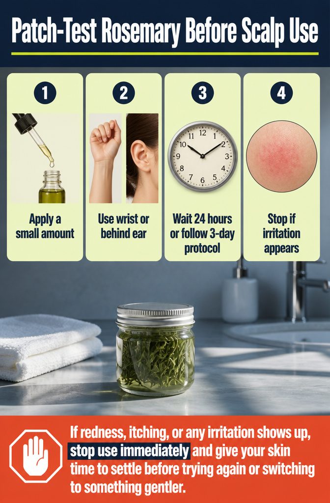 Beauty graphic titled Patch-Test Rosemary Before Scalp Use