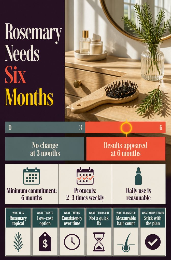 Beauty graphic titled Rosemary Needs Six Months
