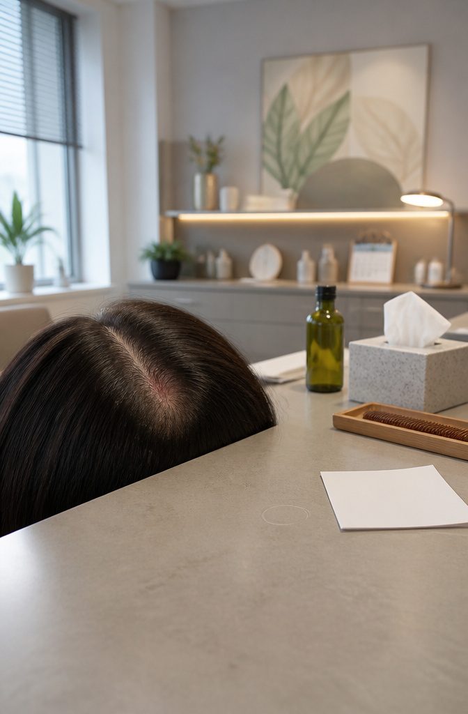 Parted scalp with rosemary oil at the roots beside a glass dropper and shampoo bottle