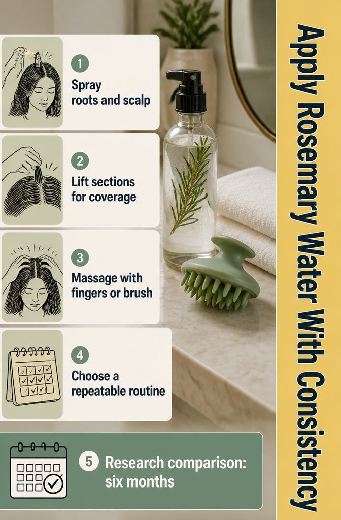 Beauty graphic about applying rosemary water consistently to the scalp