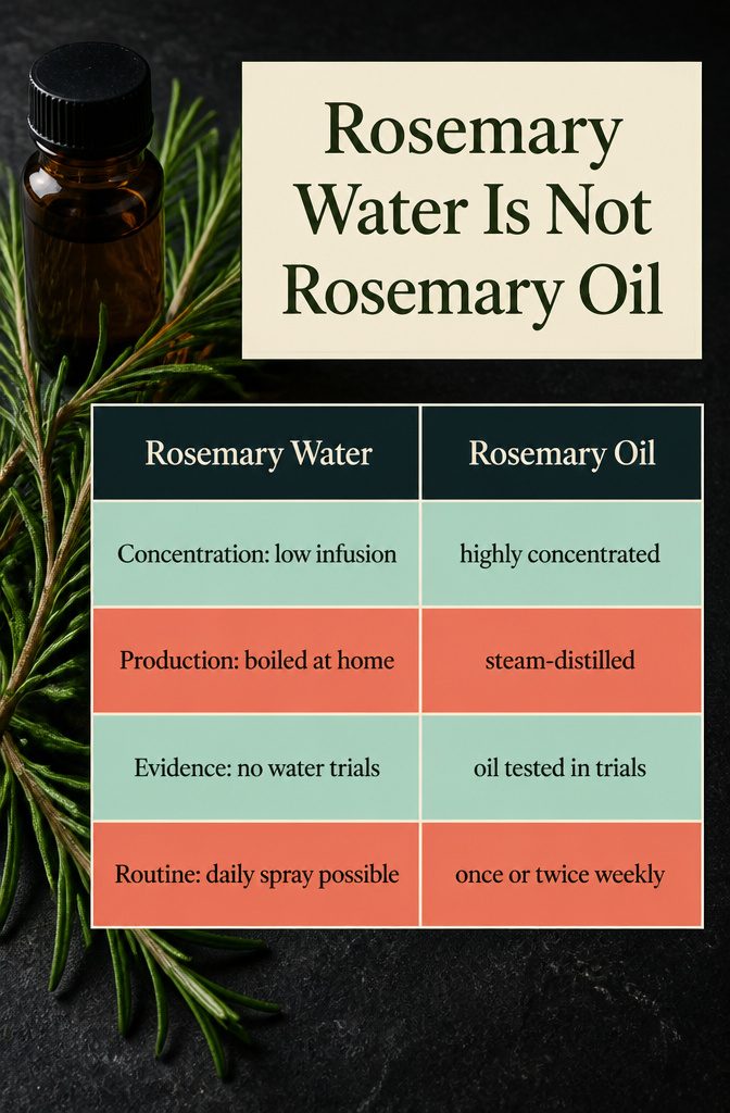 Beauty graphic contrasting rosemary water with rosemary essential oil