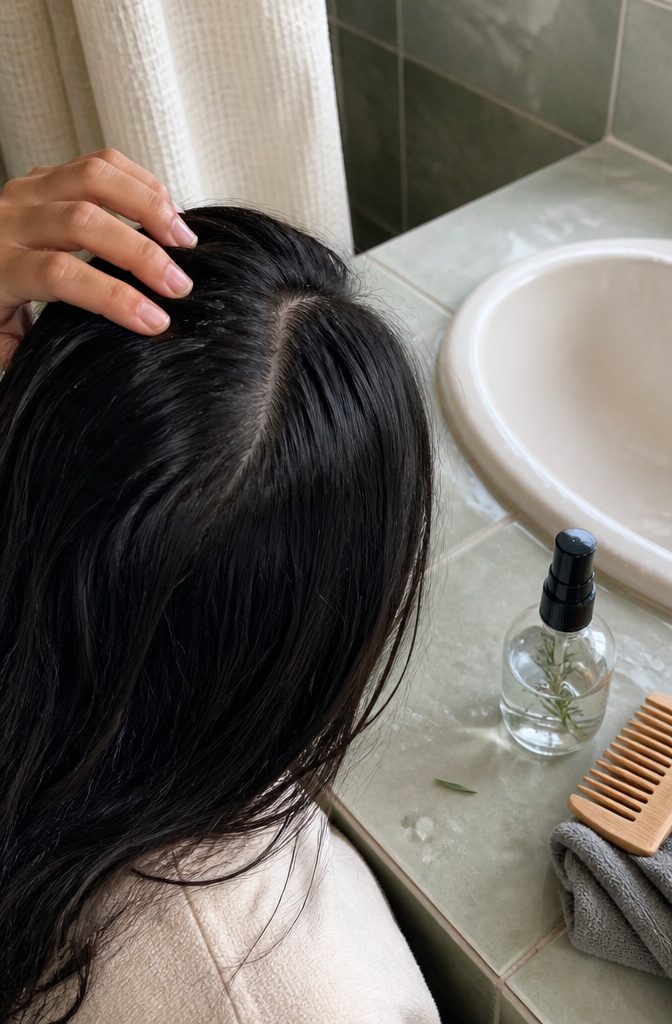 Dark glossy hair parted by hand with fine flakes near the roots