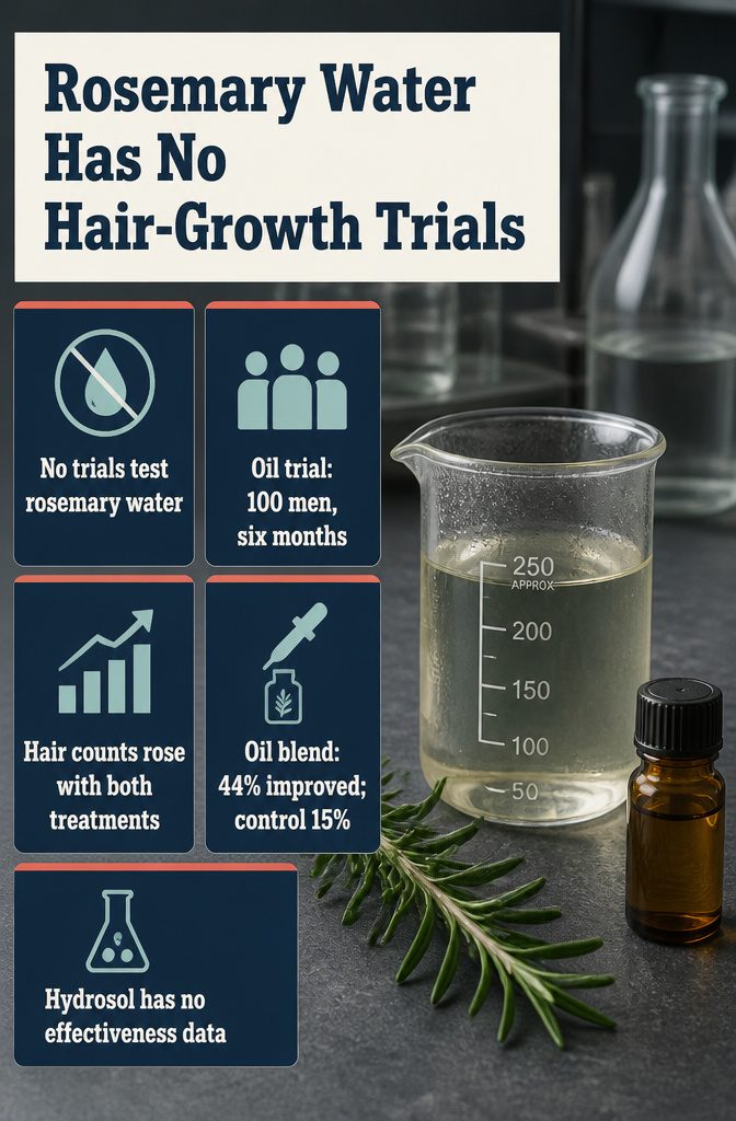 Beauty graphic stating rosemary water has no hair-growth trials