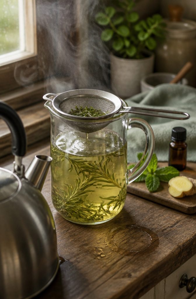 Rosemary sprigs and leaves arranged beside a glass of infused water