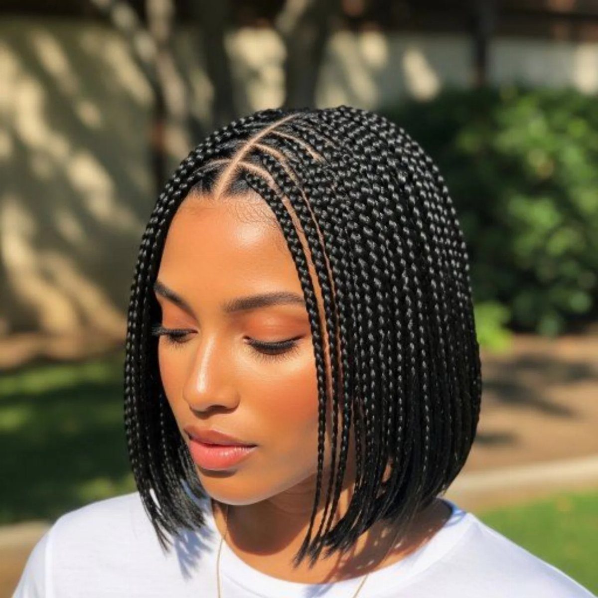 Woman with a short bob of small black box braids in a garden.
