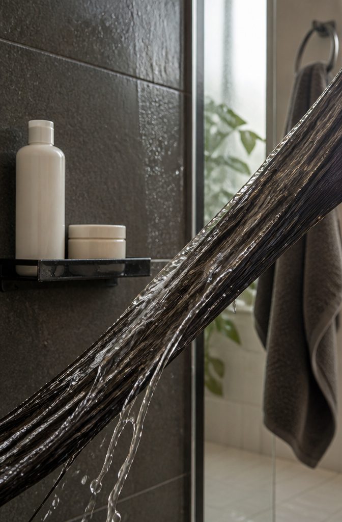 Shampoo bottle beside a section of low-porosity curls