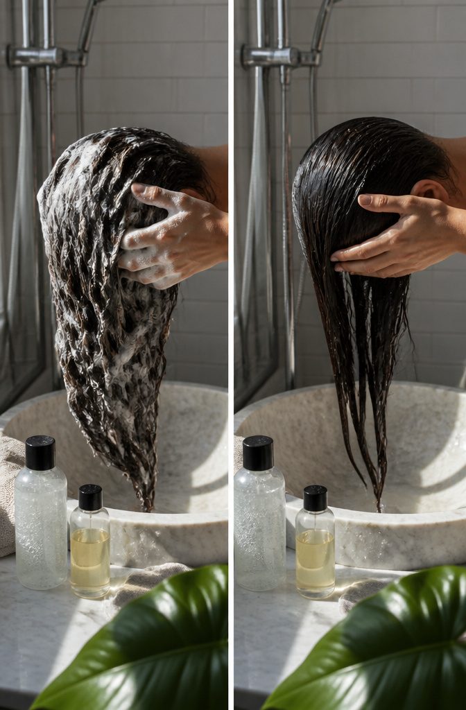 Shampoo bottle beside a section of low-porosity hair