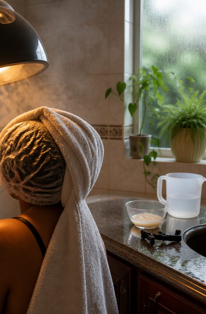 Curly hair under a plastic shower cap and towel with gentle steam