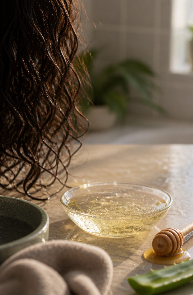 Shampoo bottle beside low-porosity curls with a soft, hydrated appearance